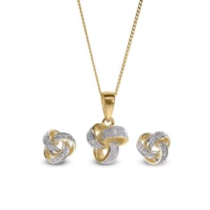 9ct Gold Diamond Knot Pendant and Earring Jewellery Set