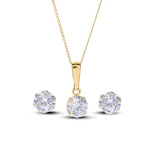 9ct Gold Round 5mm Cubic Zirconia Fine Pendant and Earring Jewellery Set
