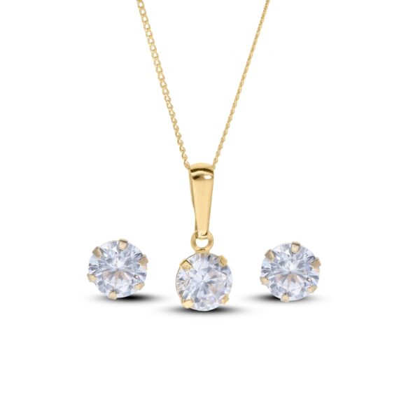 9ct Gold Round 5mm Cubic Zirconia Fine Pendant and Earring Jewellery Set