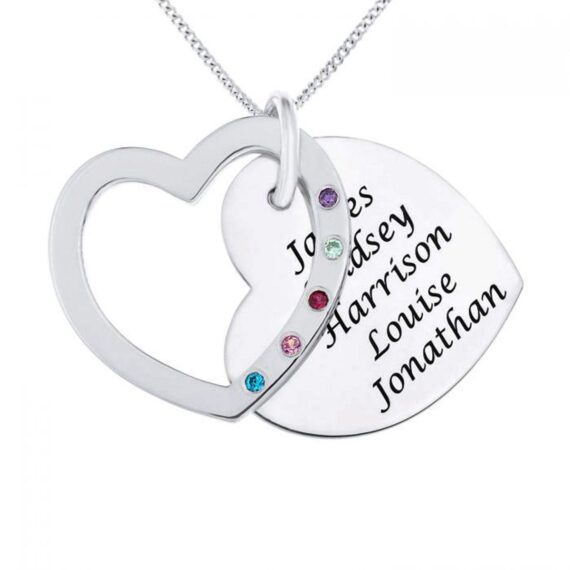 Personalised 925 Silver Framed Double Heart Birthstone Necklace