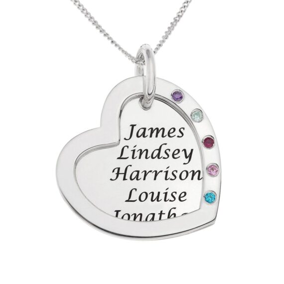 Personalised 925 Silver Framed Double Heart Birthstone Necklace