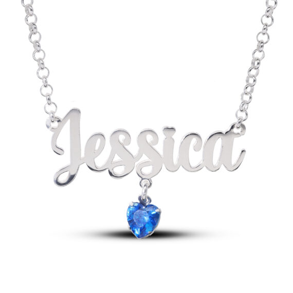 Sterling Silver Name Necklace with Birthstone Heart Charm