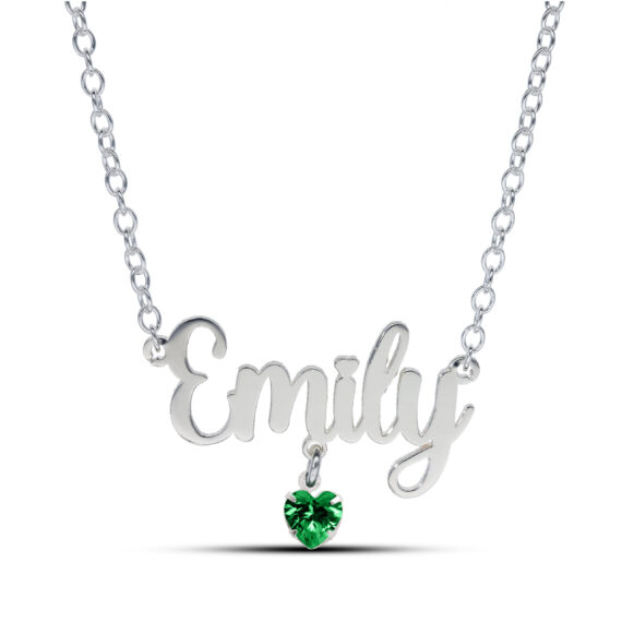 Sterling Silver Name Necklace with Birthstone Heart Charm