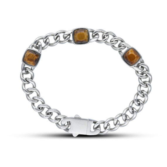 Stainless Steel Curb Tigers Eye Station Gents Bracelet
