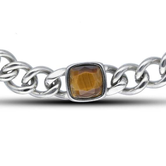 Stainless Steel Curb Tigers Eye Station Gents Bracelet