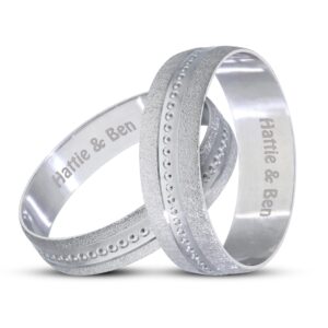Personalised 9ct White Gold Wedding Ring Set, Matt with Pips in the centre