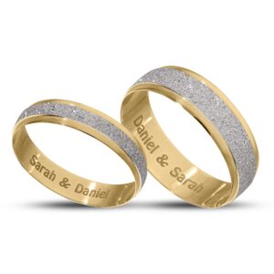 Personalised 9 ct Gold Wedding Ring Set Sparkling Rhodium Moon Dust in the Center