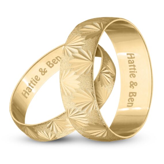 Personalised 9ct Yellow Gold Wedding Ring Set Matt with Diamond Cut Leaf effect