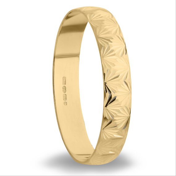 Personalised 9ct Gold Bride Wedding Ring, 4mm Band with Diamond Cut Leaf effect