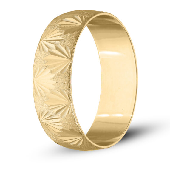 Personalised 9ct Gold Groom Wedding Ring, 6mm Band with Diamond Cut Leaf effect