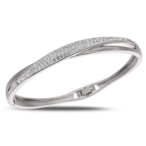 White Gold Plated Twist Crossover Crystal Bangle