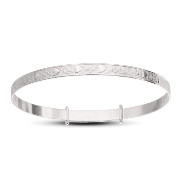 Sterling Silver Embossed Flowers And Hearts Child +5yrs Bangle