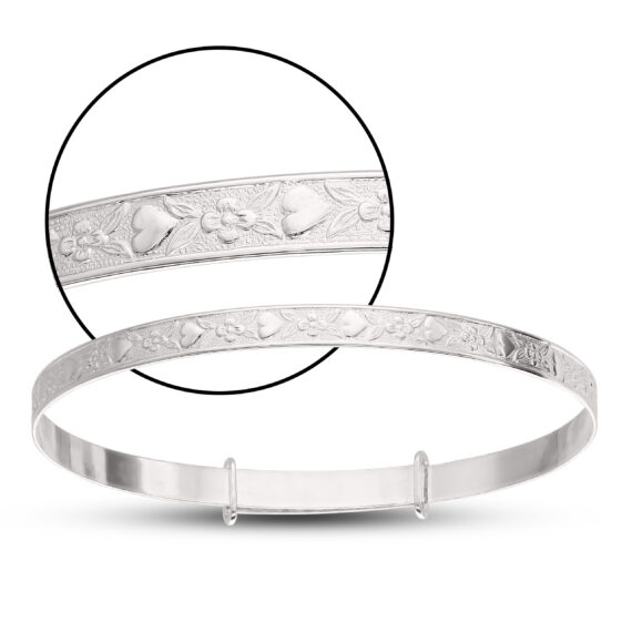 Sterling Silver Embossed Flowers And Hearts Child +5yrs Bangle