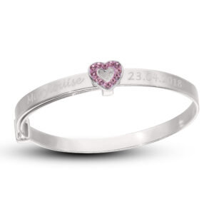 Personalised Girls Silver Bangle with Pink CZ Heart (1-3 yrs)