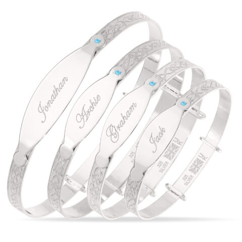 Personalised Sterling Silver Boy Baby Bangle with blue stone (0-5+yrs)