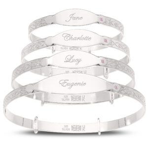 Personalised Sterling Silver Baby Girl Bangle with pink stone (0-5+yrs)