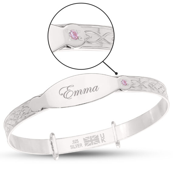 Personalised Sterling Silver Baby Girl Bangle with pink stone (0-5+yrs)