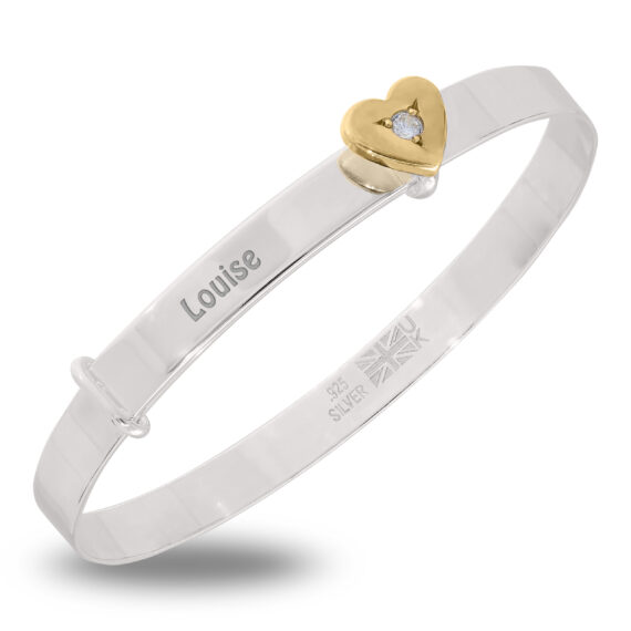 Personalised Sterling Silver Girlish Baby Bangle with Heart (0-3yrs)