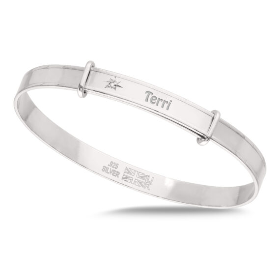 Personalised Sterling Silver Unisex Infant Baby Bangle with Diamond (1-3yrs)