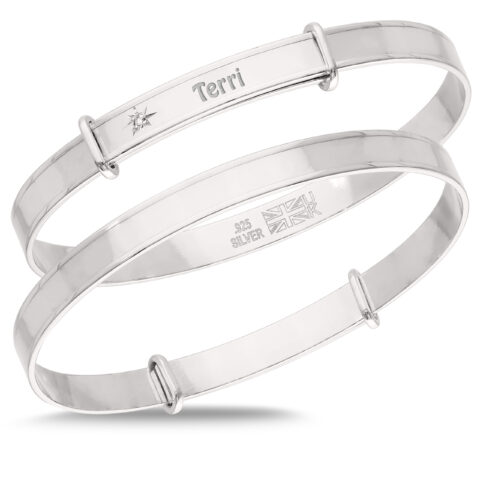 Personalised Sterling Silver Unisex Infant Baby Bangle with Diamond (1-3yrs)