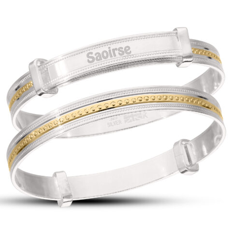 Personalised Unisex Sterling Silver Gold Patterned Baby Bangle (0-3yrs)