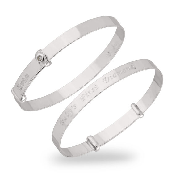 Personalised Sterling Silver 'Baby's First Diamond' Unisex Baby Bangle (0-1yrs)