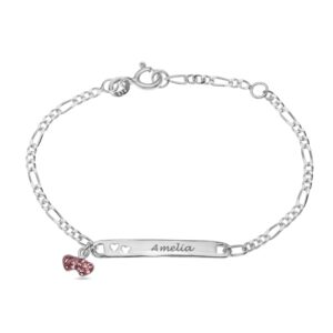 Personalised 925 Silver Girls Bracelet with Pink Heart Charm