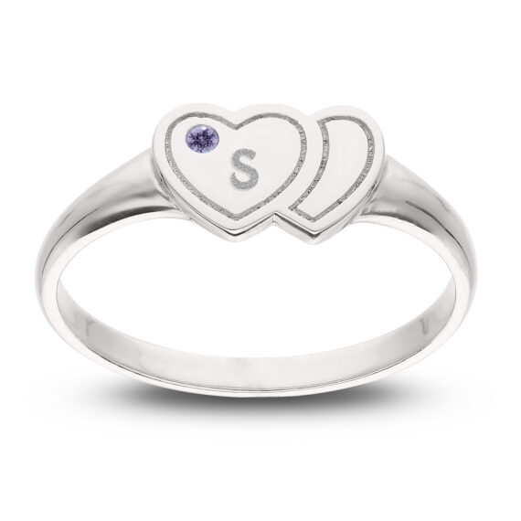 Personalised 925 Sterling Silver Double Heart Birthstone Ring