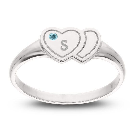 Personalised 925 Sterling Silver Double Heart Birthstone Ring