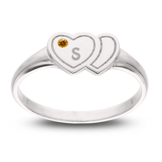 Personalised 925 Sterling Silver Double Heart Birthstone Ring