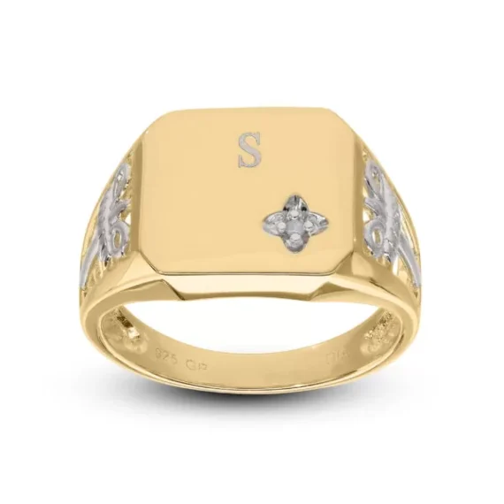 Personalised 925 Yellow Gold Gent's Diamond Signet Ring