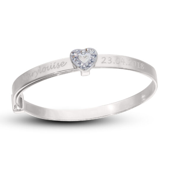 Personalised Girls Silver CZ Heart Bangle (1-3 yrs)