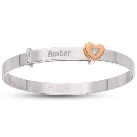Personalised Sterling Silver Rose Gold Plated Heart Baby Bangle (0-3yrs)