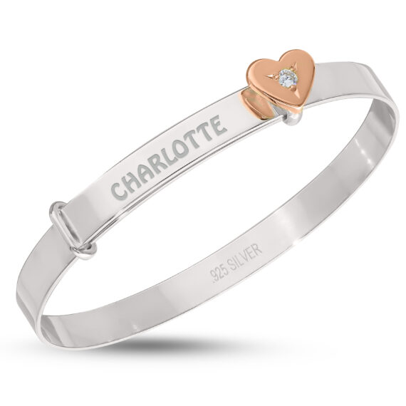 Personalised Sterling Silver Rose Gold Plated Heart Baby Bangle (0-3yrs)