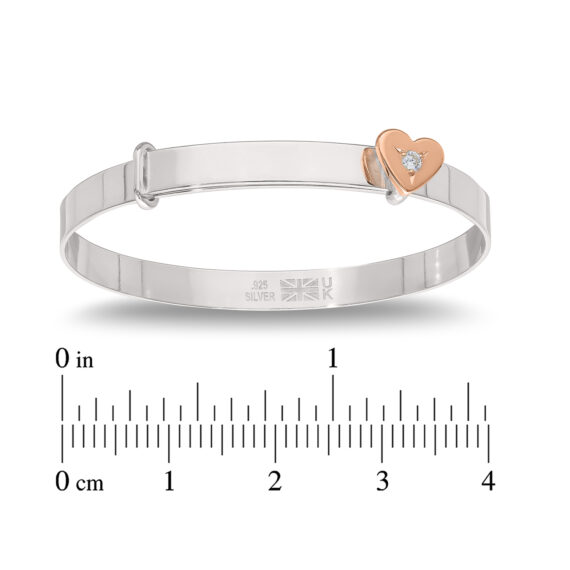 Personalised Sterling Silver Rose Gold Plated Heart Baby Bangle (0-3yrs)